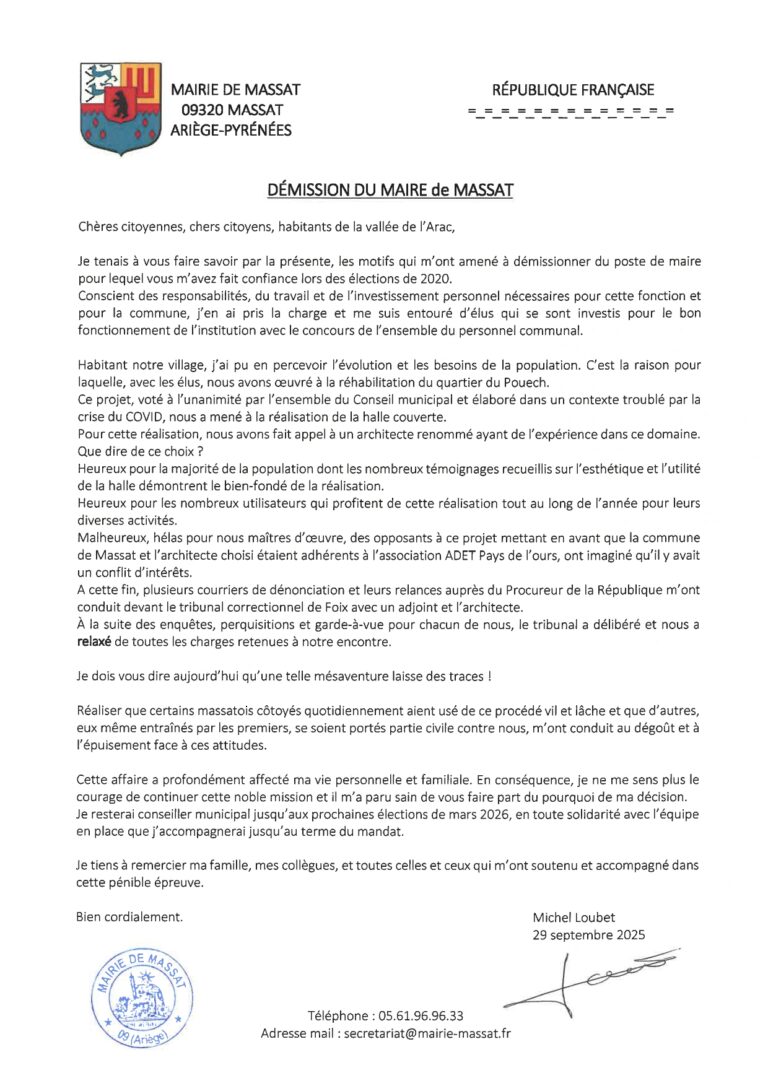 ***Démission du Maire de Massat***